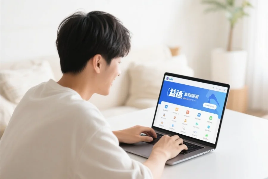 一位年轻用户在明亮舒适的室内环境中愉快地使用笔记本电脑，屏幕上展示欧陆客户端新版界面